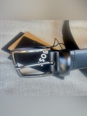 BOSS Black Leather Men's Belt with square Black Buckle